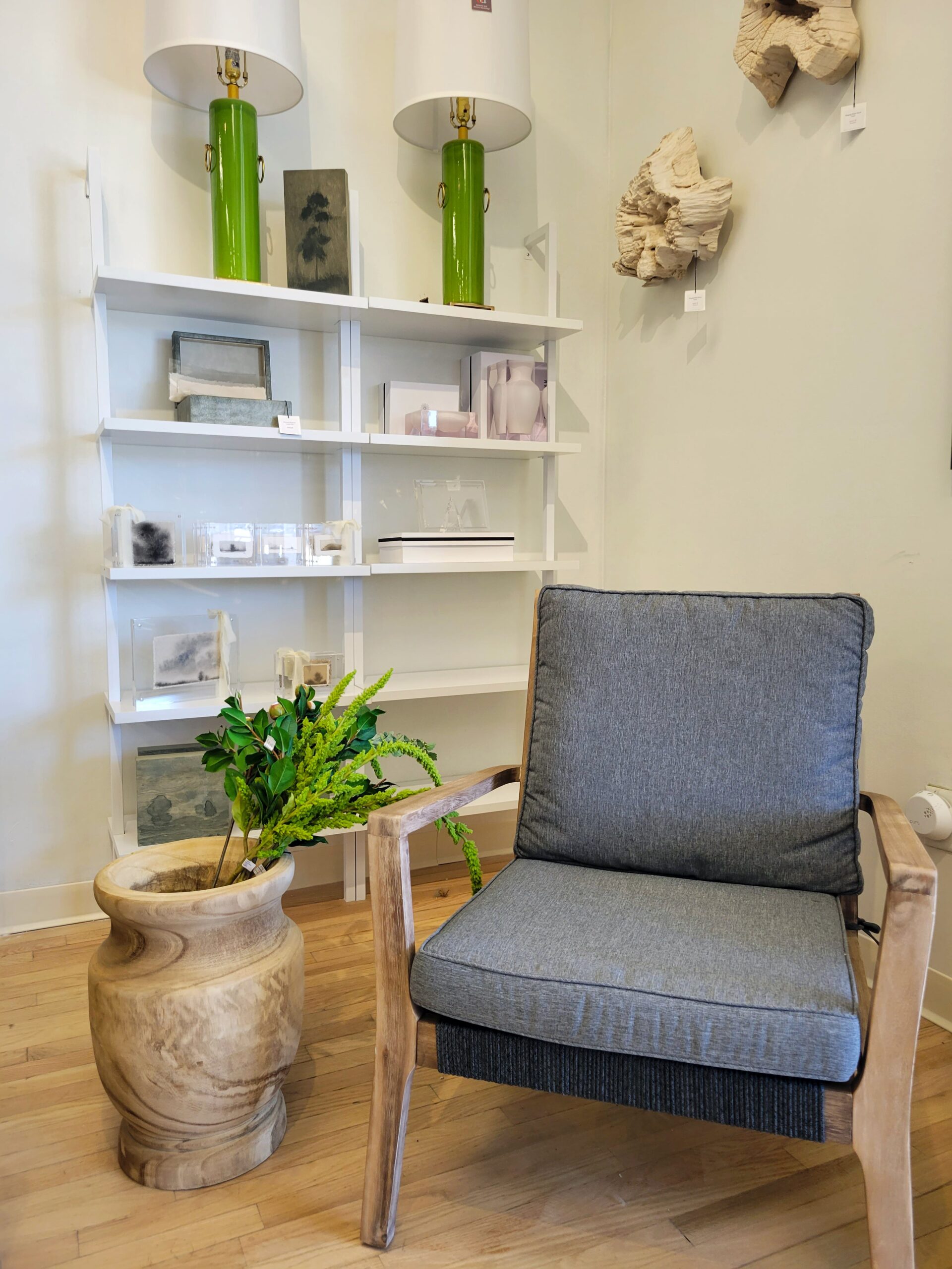 wooden chair with modern bookshelf