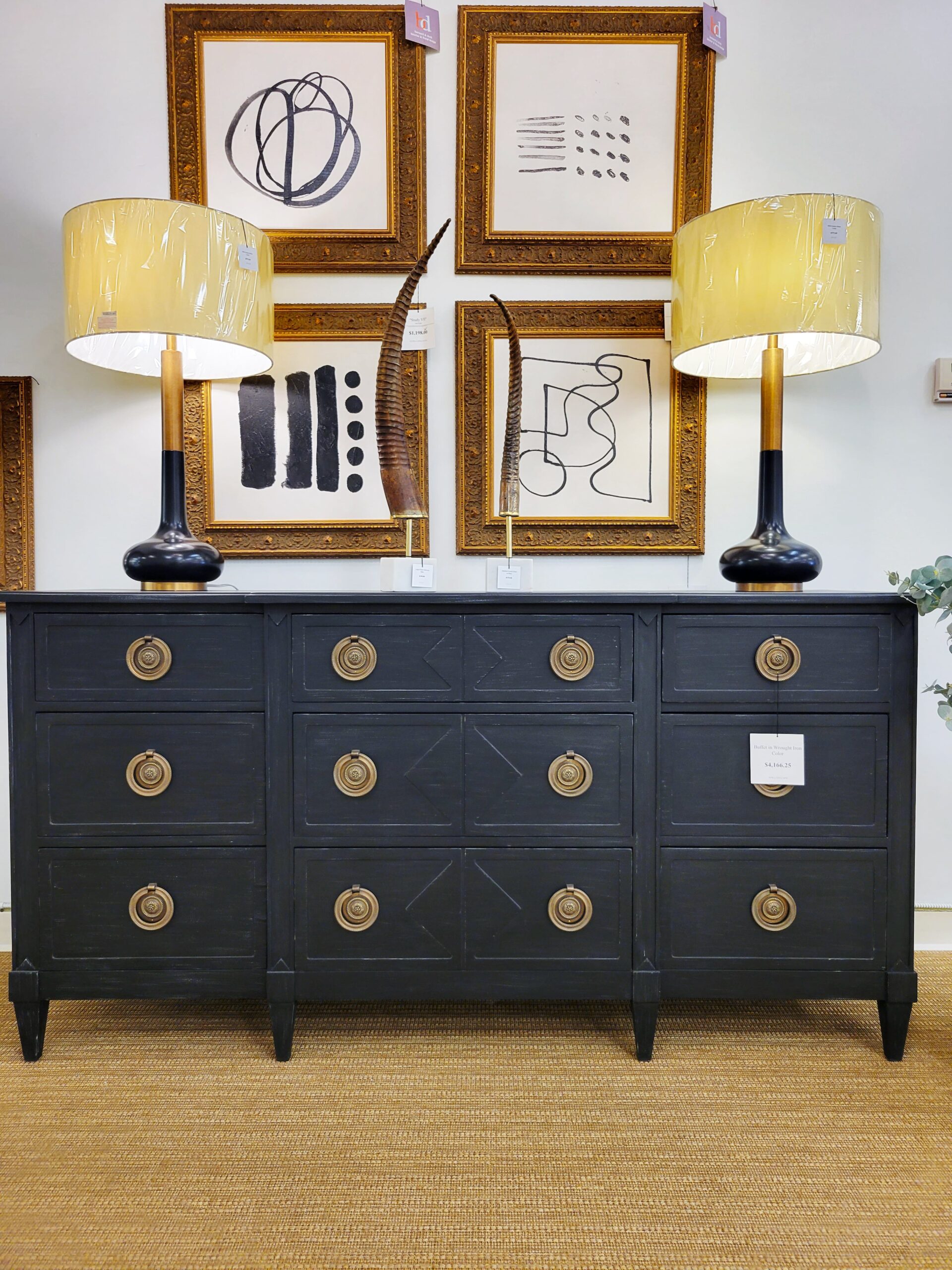 navy apothecary chest with set of paintings